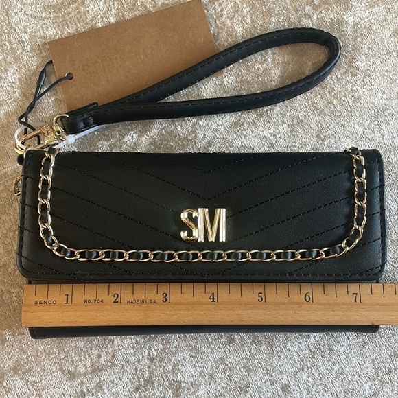 Brand New Steve Madden Black Wristlet Trifold Wallet w/ Gold Tone Chain Accents - Picture 5 of 16
